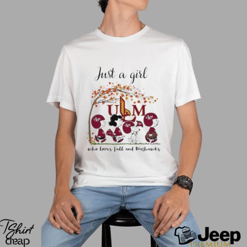 Just A Woman Who Loves Fall And Ul Monroe Warhawks Cartoon T Shirt