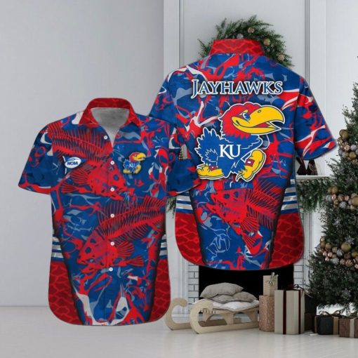 Kansas Jayhawks Fishing Short Sleeve Button Up Tropical Hawaiian Shirt