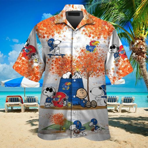 Kansas Jayhawks Snoopy Autumn Short Sleeve Button Up Tropical Hawaiian Shirt