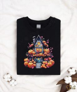 Kawaii Halloween Haunted House With Pumpkin And Flowers T Shirt