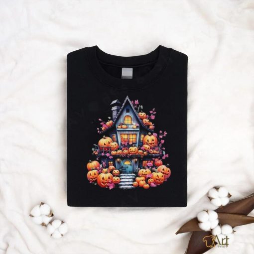 Kawaii Halloween Haunted House With Pumpkin And Flowers T Shirt