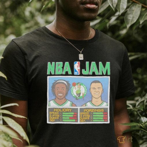 Kristaps Porzingis and Jrue Holiday NBA Jam Boston Celtics basketball shirt