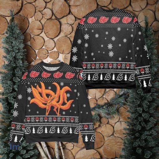 Kurama Naruto Akatsuki Logo Snowflake Ugly Christmas Sweater – Black