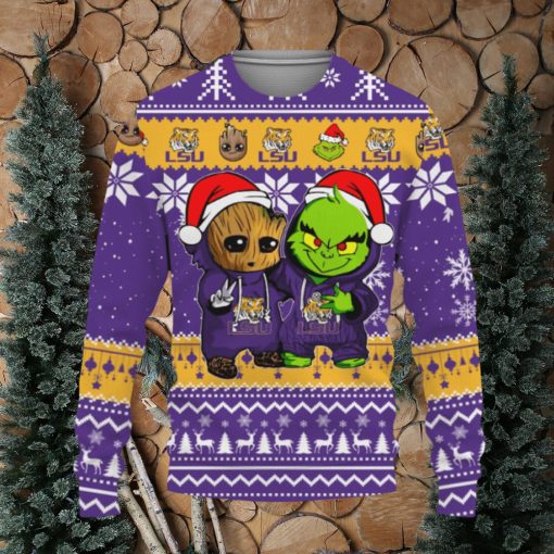 LSU Tigers Baby Groot And Grinch Best Friends Football American Knitted Xmas Sweater