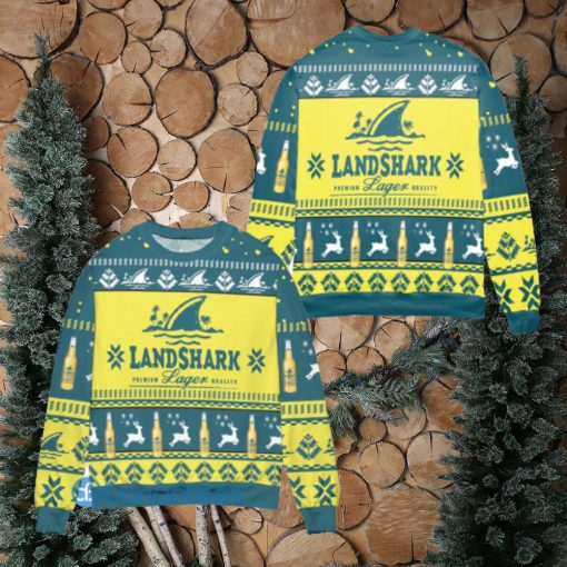 Landshark Lager Beer Logo Reindeer Pattern Yellow Blue Ugly Christmas Sweater Christmas Gift For Men And Women