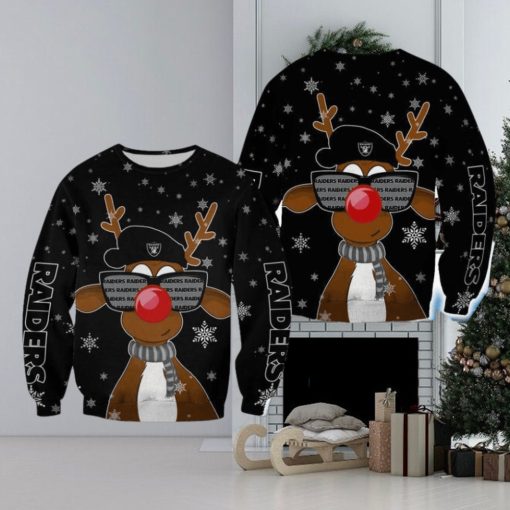 Las Vegas Raiders Christmas Reindeer Sunglasses Mittens All Over Print 3D Sweater For Fans Gift Christmas