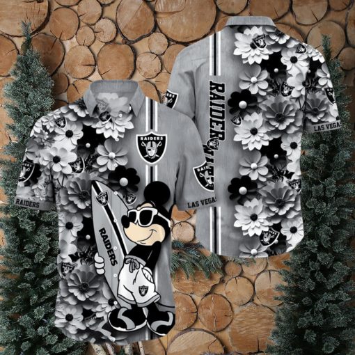 Las Vegas Raiders Surfboard Parttern Mickey Mouse Flower Hawaiian Shirt