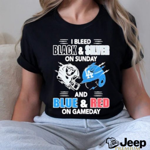 Las Vegas Raiders Vs Los Angeles Dodgers I Bleed Black And Silver On Sunday And Blue And Red On Game Day shirt