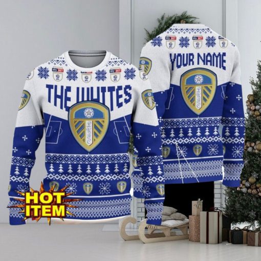 Leeds United FC Big Logo Custom Name 3D Ugly Christmas Sweater Christmas Gift For Big Fans