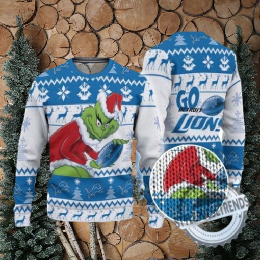 Lions Ugly Sweater Pine Trees And Reindeer Grinch Football Ugly Sweater American Football Ugly Sweater