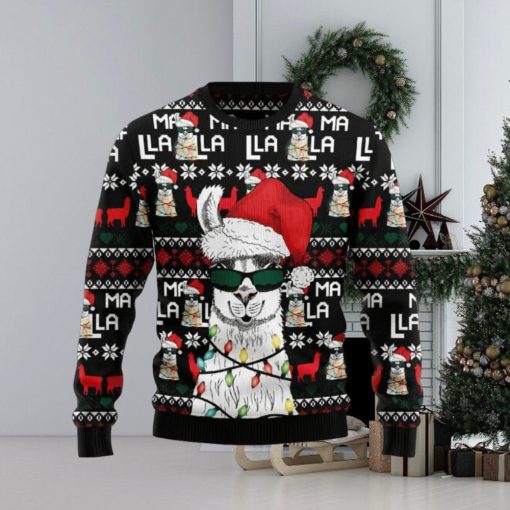 Llama Wears Santa Hat Christmas Light Ugly Sweater