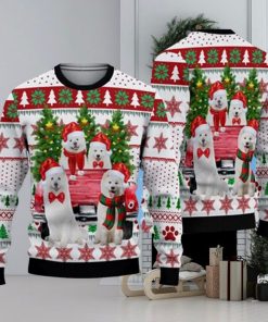 Lovely Samoyed Red Truck And Christmas Tree Ugly Sweater