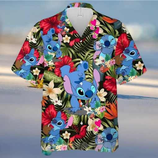 Lovely Stitch Disney Cartoon Graphics Red Hibiscus All Over Print Hawaiian Shirtt