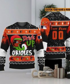 MLB Grinch Drink Up Baltimore Orioles Custom Name And Number Ugly Christmas Sweater Christmas Gift