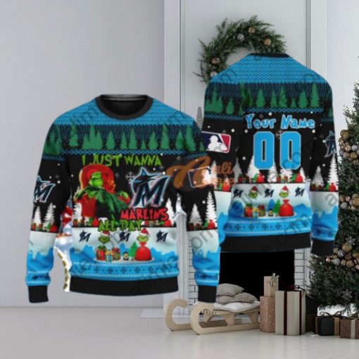 MLB I Just Wanna Miami Marlins All Day Grinch Knitting Pattern 3D Print Ugly Sweater