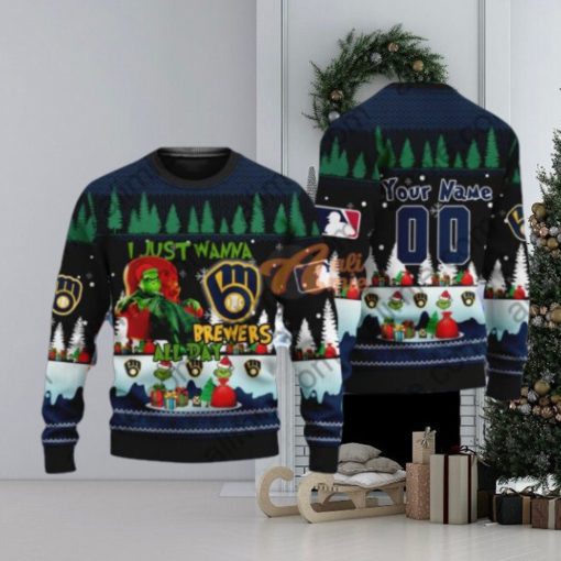 MLB I Just Wanna Milwaukee Brewers All Day Grinch Ugly Christmas Holiday Sweater