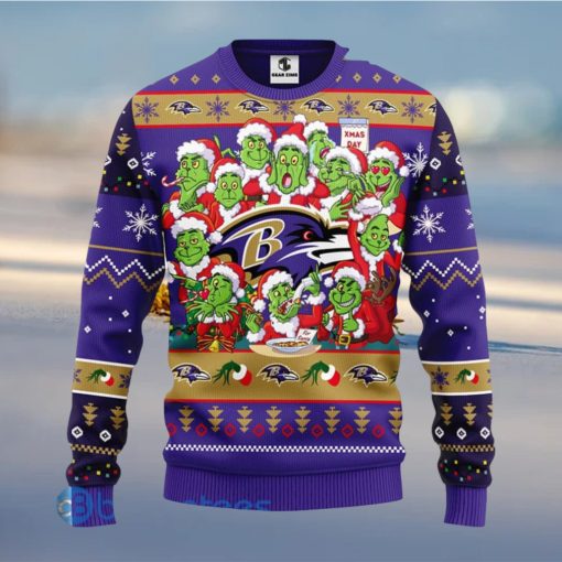 Men And Women Christmas Gift NFL Baltimore Ravens Cute 12 Grinch Face Xmas Day 3D Ugly Christmas Sweater