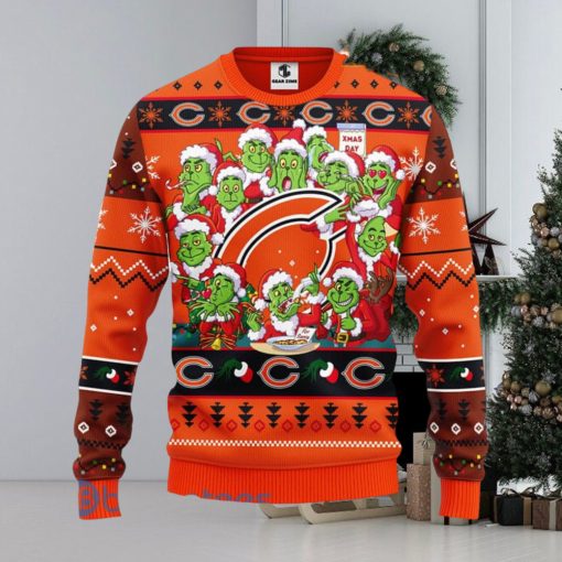 Men And Women Christmas Gift NFL Chicago Bears Cute 12 Grinch Face Xmas Day 3D Ugly Christmas Sweater