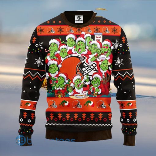 Men And Women Christmas Gift NFL Cleveland Browns Cute 12 Grinch Face Xmas Day 3D Ugly Christmas Sweater