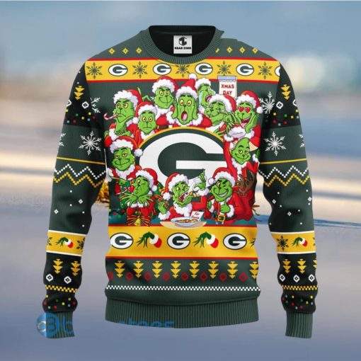 Men And Women Christmas Gift NFL Green Bay Packers Cute 12 Grinch Face Xmas Day 3D Ugly Christmas Sweater