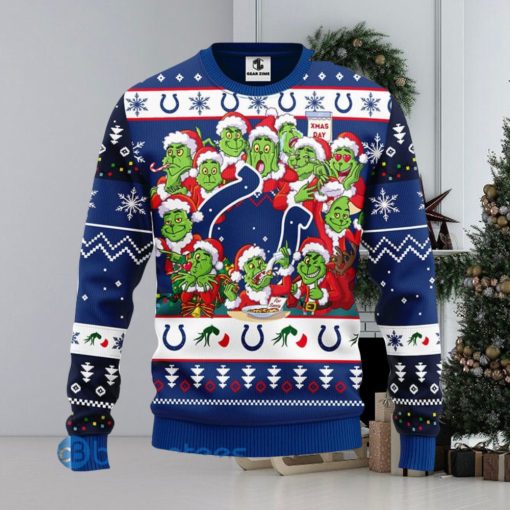 Men And Women Christmas Gift NFL Indianapolis Colts Cute 12 Grinch Face Xmas Day 3D Ugly Christmas Sweater