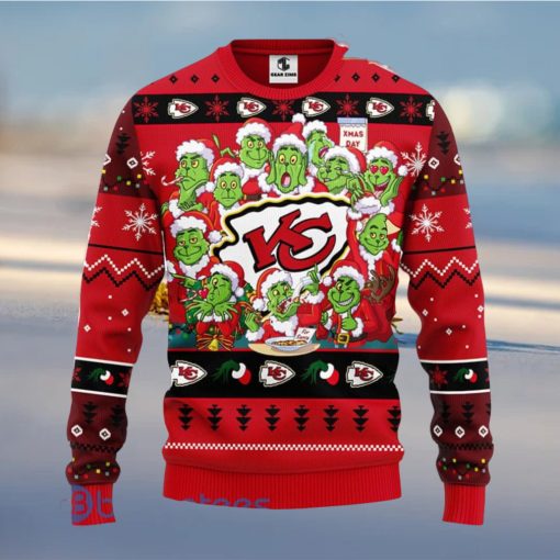 Men And Women Christmas Gift NFL Kansas City Chiefs Cute 12 Grinch Face Xmas Day 3D Ugly Christmas Sweater