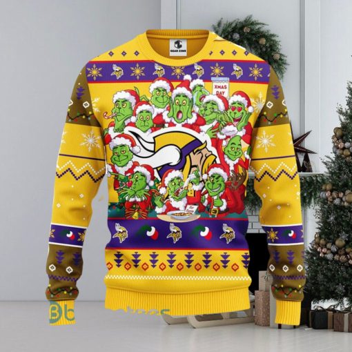 Men And Women Christmas Gift NFL Minnesota Vikings Cute 12 Grinch Face Xmas Day 3D Ugly Christmas Sweater