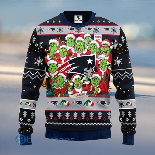 Men And Women Christmas Gift NFL New England Patriots Cute 12 Grinch Face Xmas Day 3D Ugly Christmas Sweater