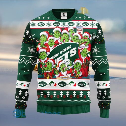 Men And Women Christmas Gift NFL New York Jets Cute 12 Grinch Face Xmas Day 3D Ugly Christmas Sweater