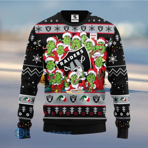 Men And Women Christmas Gift NFL Oakland Raiders Cute 12 Grinch Face Xmas Day 3D Ugly Christmas Sweater