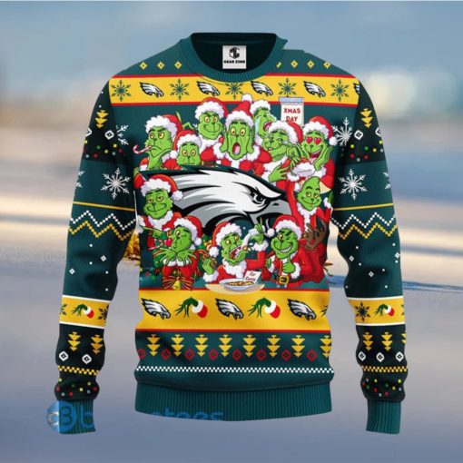 Men And Women Christmas Gift NFL Philadelphia Eagles Cute 12 Grinch Face Xmas Day 3D Ugly Christmas Sweater