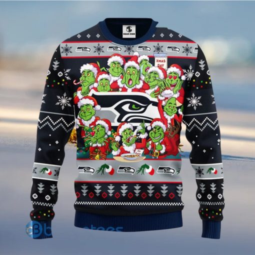 Men And Women Christmas Gift NFL Seattle Seahawks Cute 12 Grinch Face Xmas Day 3D Ugly Christmas Sweater