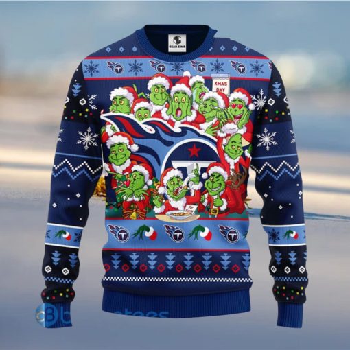 Men And Women Christmas Gift NFL Tennessee Titans Cute 12 Grinch Face Xmas Day 3D Ugly Christmas Sweater