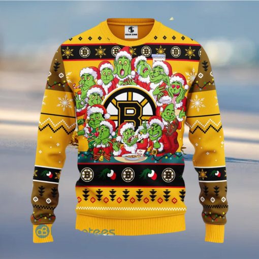 Men And Women Christmas Gift NHL Boston Bruins Cute 12 Grinch Face Xmas Day 3D Ugly Christmas Sweater