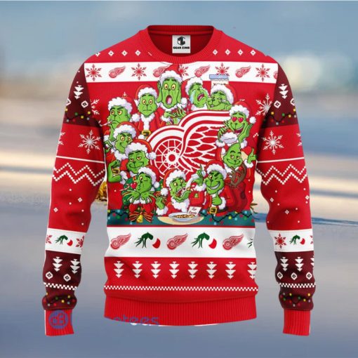 Men And Women Christmas Gift NHL Detroit Red Wings Cute 12 Grinch Face Xmas Day 3D Ugly Christmas Sweater