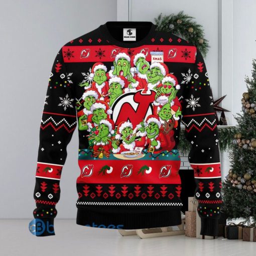 Men And Women Christmas Gift NHL New Jersey Devils Cute 12 Grinch Face Xmas Day 3D Ugly Christmas Sweater