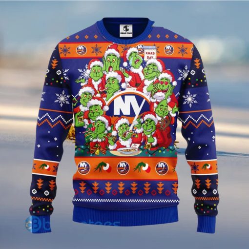 Men And Women Christmas Gift NHL New York Islanders Cute 12 Grinch Face Xmas Day 3D Ugly Christmas Sweater