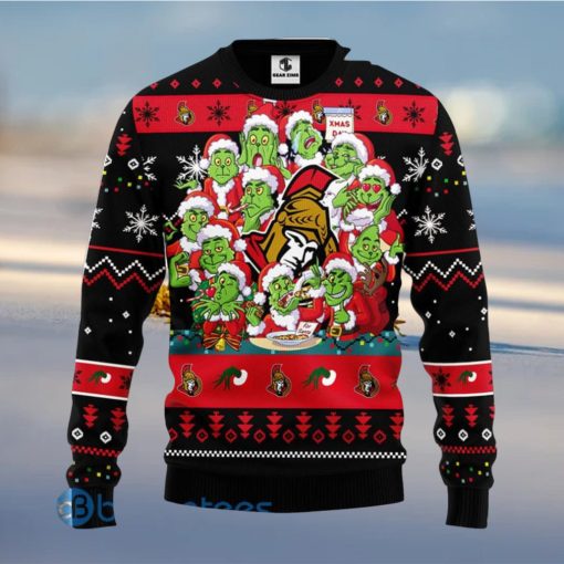 Men And Women Christmas Gift NHL Ottawa Senators Cute 12 Grinch Face Xmas Day 3D Ugly Christmas Sweater