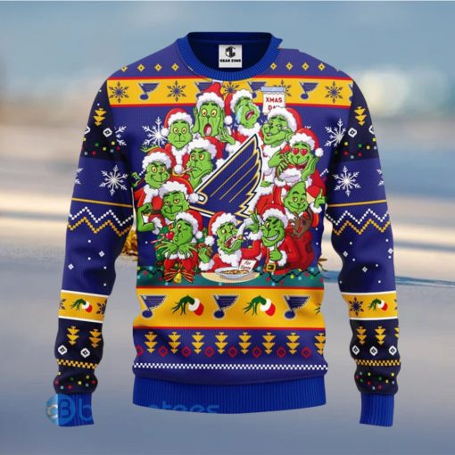 Men And Women Christmas Gift NHL St. Louis Blues Cute 12 Grinch Face Xmas Day 3D Ugly Christmas Sweater