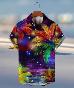 Men s Hawaiian Coconut Tree Sunset Landscape Vacation Button Down Shirt Plus Size Trendy Tee