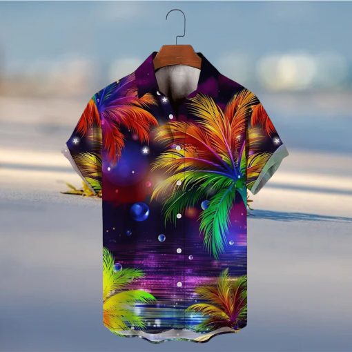 Men s Hawaiian Coconut Tree Sunset Landscape Vacation Button Down Shirt  Plus Size Trendy Tee