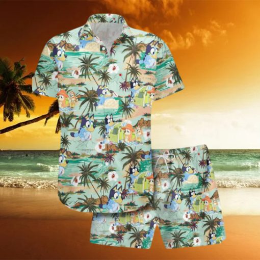 Men’s Bluey Hawaiian Shirt Shorts Set Lush Green Island Design