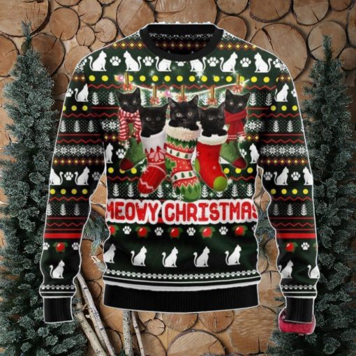 Meowy Christmas Black Cat Ugly Christmas Sweater, Gift For Christmas