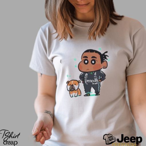 Mercedes AMG F1 Driver Lewis Hamilton And His Dog Roscoe In The Style Of Crayon Shin Chan Unisex T shirt