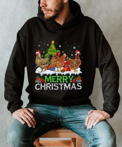 Merry Christmas Chicken Elf Santa Hat Lights Funny Xmas Unisex Shirt