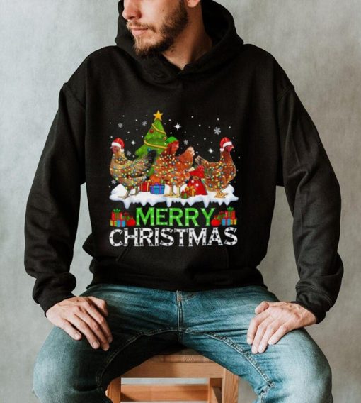 Merry Christmas Chicken Elf Santa Hat Lights Funny Xmas Unisex Shirt