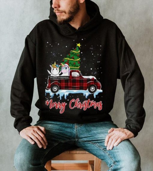 Merry Christmas Unicorn Xmas Plaid Red Truck Tree On Car Shirt