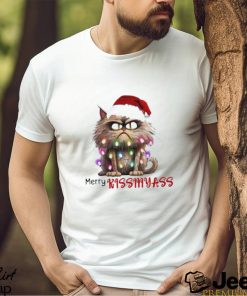 Merry Kissmyass Funny Cat Christmas Lights Shirt