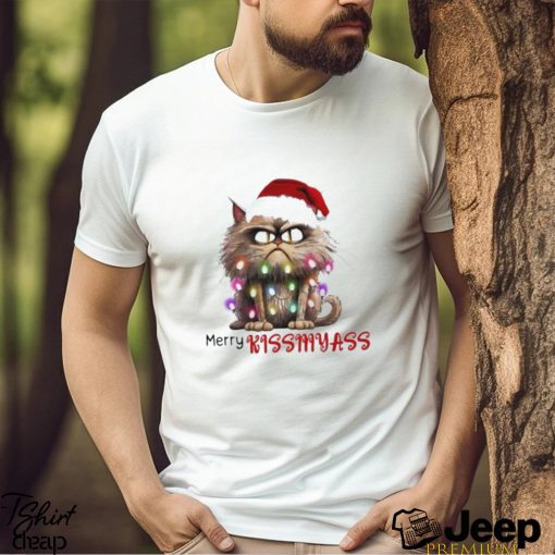 Merry Kissmyass Funny Cat Christmas Lights Shirt