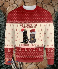 Merry Xmas All I Want For Christmas Is Cat And Double Lazy And Special Pattern Ugly Christmas Sweater